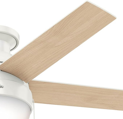 Hunter 46 inch Indoor Ceiling Fan with LED Light - White Ceiling Fan with Pull Chain, For Bedroom, Living Room, or Kitchen, Low Profile Mount, No Remote, 5 Blades - Anslee 59269, Fresh White