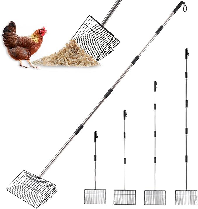 Large Chicken Poop Scooper, Metal Coop Scoop with 32" to 67" Adjustable Long Stainless Steel Handle, Chicken Poop Scooper for Sand with Heavy Duty Sifting Shovel for Chicken/ Horse/ Pet Coops (10 IN)-Mewly Pet