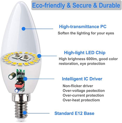 Vinaco E12 LED Bulb, 2 Pack E12 Candelabra Bulb 60 Watt Daylight White 5000K, High Brightness 600LM & 25000+ Long Lifespan E12 Bulb, E12 Candelabra Base, Light Bulb for Ceiling Fan Light Bulb