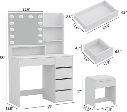 Furniouse 37" W Vanity Desk, Vanity Mirror with Lights and Table Set with 5 Drawers, Vanity Set 3 Lighting Modes Brightness Adjustable for Bedroom Studio