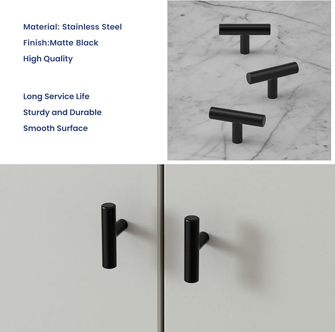 LONTAN 12 Pack Black Knobs for Cabinets and Drawers Kitchen Cabinet Knobs for Dresser Bathroom Modern T Bar Furniture Black Hardware,Stainless Steel