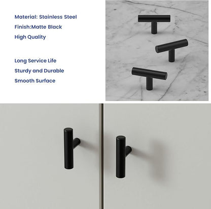 LONTAN 100 Pack Black Knobs for Cabinets and Drawers Kitchen Cabinet Knobs for Dresser Bathroom Modern T Bar Furniture Black Hardware,Stainless Steel
