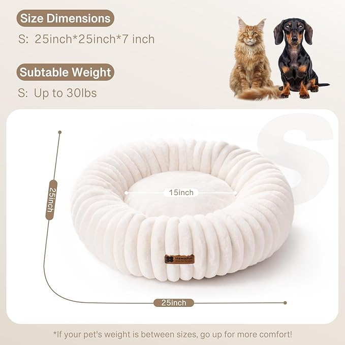 MEWOOFUN Donut Dog Beds for Small Dog, Calming Bed Round Cute Puppy Bed with Non-Slip Bottom, Fluffy Washable Pet Bed for Puppy and Kitten (Cream, S (25x25x7))-Mewly Pet