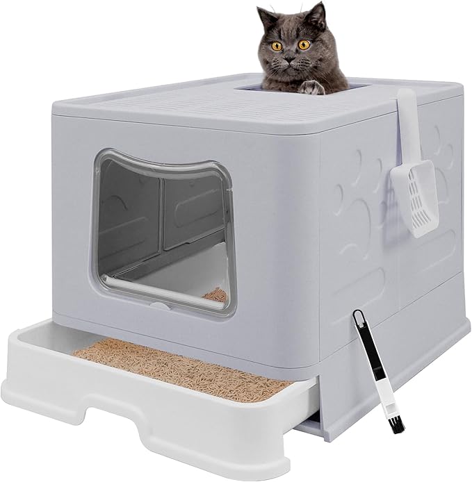 XL Foldable Cat Litter Box with Lid - Jumbo Enclosed Potty - Top Entry Anti-Splashing Toilet - Includes Scoop & 2-in-1 Cleaning Brush (Grey)-Mewly Pet