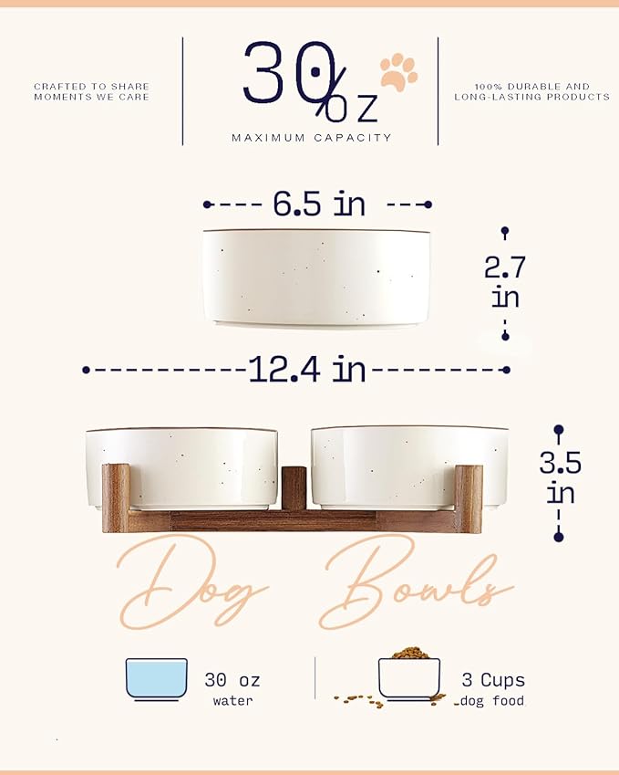 Getstar Ceramic Dog Bowls with Acacia Wood Stand, 30 fl oz, Set of 2, Dog Food Bowl with Colored Rim-Mewly Pet
