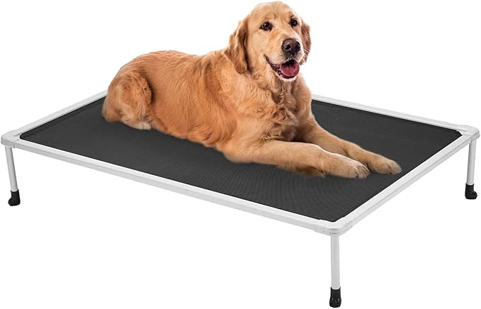 Veehoo Chewproof Elevated Dog Bed - Cooling Raised Pet Cot, Breathable Mesh, Washable & Non-Slip for Large Dogs, Indoor/Outdoor, Black Mat and Silver Metal Frame, 42x30inches (Model CWC2203B03)-Mewly Pet