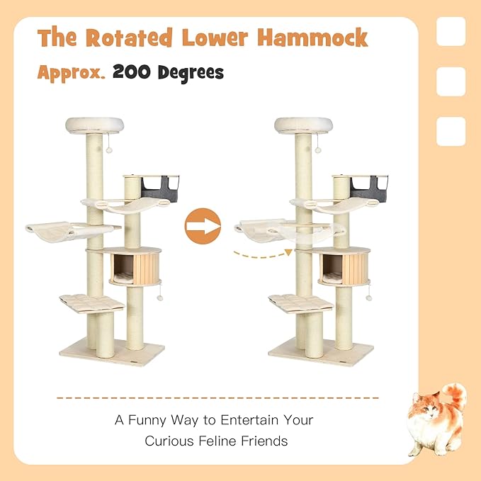 PETSITE 77.5" Tall Cat Tree, Multi-Level Modern Cat Tower with Sisal Scratching Posts, Top Perch, Cat Condo, Hammocks, Hanging Basket, and Jingling Balls, Cat Tree Tower for Indoor Cats Large Adult-Mewly Pet