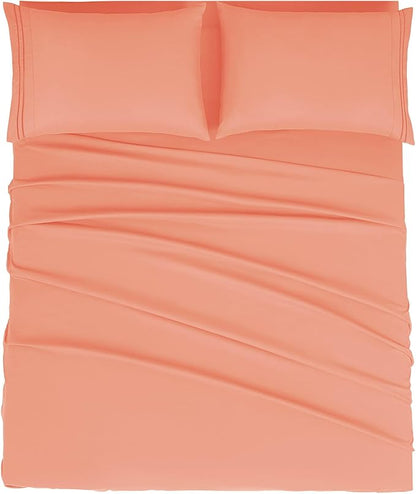 Mejoroom King Size Bed Sheet Set - Hotel Luxury 1800 Bedding Sheets & Pillowcases - 16" Deep Pocket Fitted Sheet, Soft, Breathable, Wrinkle & Fade Resistant - 4 Piece(King, Coral)