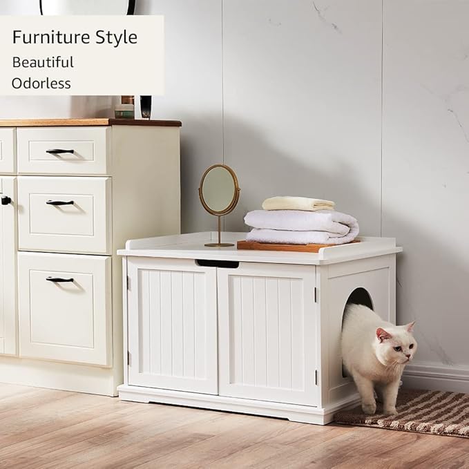 unipaws Cat Litter Box Enclosure Furniture, Cat Washroom, Hidden Litter Box Cover, Cabinet for Large Cat, Dog Proof Cat Litter Boxes, Hideaway Litter Box, Cat House, White-Mewly Pet