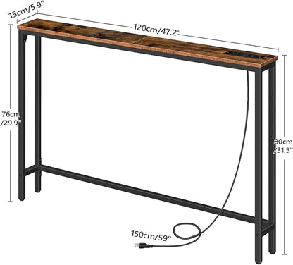 HOOBRO 47.2" Narrow Console Table with Power Outlet, 5.9" Behind Couch Table with Charging Station, Long Sofa Side Table, Skinny Entryway Table for Living Room, Hallway, Foyer, Rustic Brown BF15XG01G1