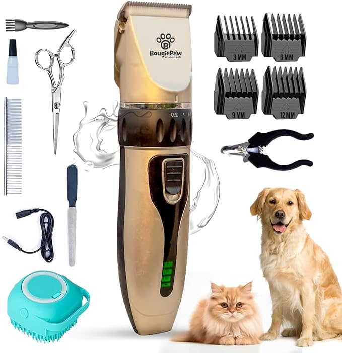 Grooming Kit for Dogs at Home - Rechargeable Low Noise Cat and Dog Shavers & Clippers for Grooming Thick Hair - Cordless Grooming Clippers Includes Pet Hair Clippers, Nail Trimmer, Shears & Bath Brush-Mewly Pet