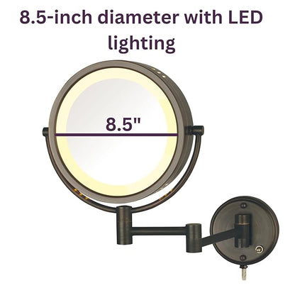 JERDON Two-Sided Wall-Mounted Makeup Mirror with Lights - Direct-Wired Lighted Makeup Mirror with 8X Magnification - 8.5-inch Diameter Mirror with Bronze Finish Wall Mount - Model HL75BZD