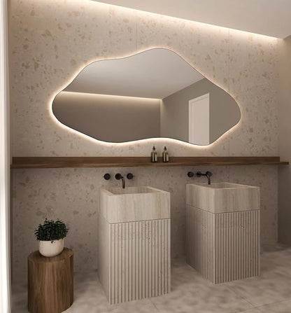 Asymmetrical Bathroom LED Mirror, Modern Irregular Shape Wall Mirror with LED Lights, Frameless Aesthetic Backlit LED Illimunated Vanity Mirror (50" x 25" inc)