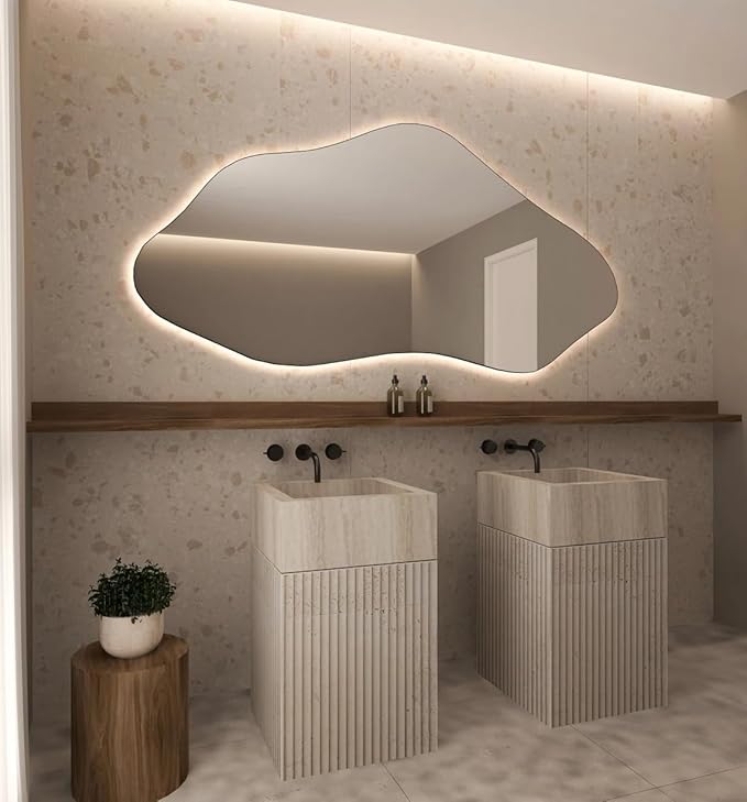Asymmetrical Bathroom LED Mirror, Modern Irregular Shape Wall Mirror with LED Lights, Frameless Aesthetic Backlit LED Illimunated Vanity Mirror (30" x 15" inc)