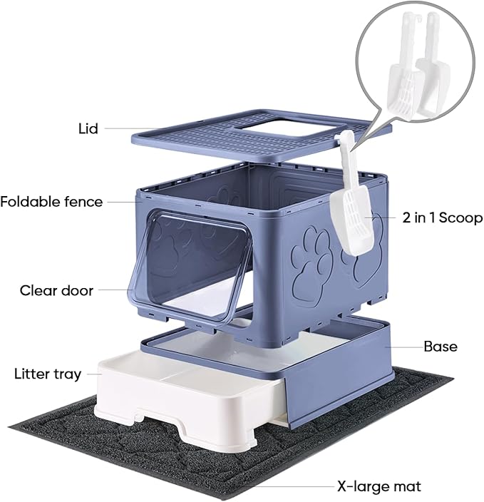 Cat Litter Box with X-Large Litter Mat and Scoop, Large Foldable Litter Box with Lid, Enclosed Kitty Box,Front Top Entry Exit, Odor Control Easy to Clean (Upgrade Midnight)-Mewly Pet