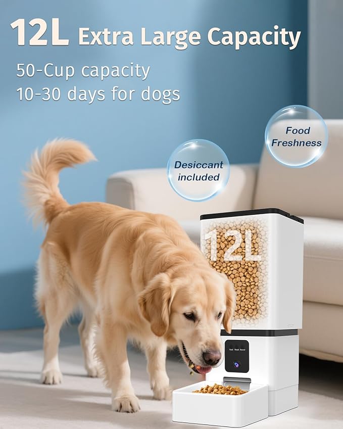 Automatic Dog Feeder Large Breed with Camera - 12L/50 Cups 5G WiFi App Control Dog Food Dispenser, Easy Setup, HD 1080P Video with Night Vision by Yakry-Mewly Pet