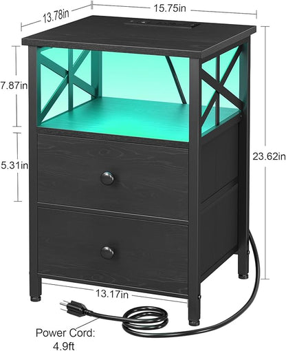 AMHANCIBLE Nightstand with Fast Charging Station, End Table Living Room with USB Charger 3-Port & 2-Power Outlet, Bedside Table with Fabric Drawers for Bedroom HET052LBK1