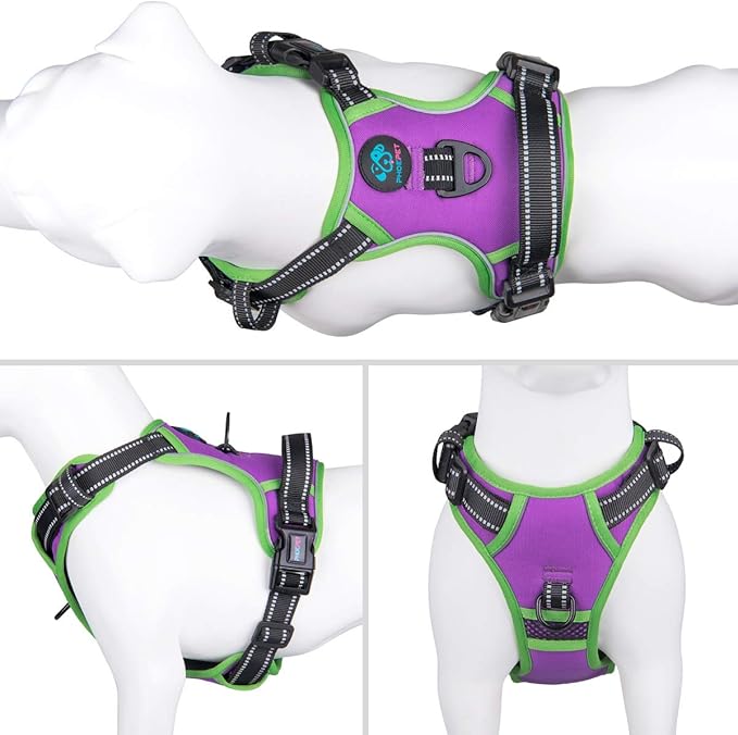 PHOEPET 2019 No Pull Dog Harness Medium Reflective Front Clip Vest with Handle,Adjustable 2 Metal Rings 3 Buckles,[Easy to Put on & Take Off](M, Purple)-Mewly Pet
