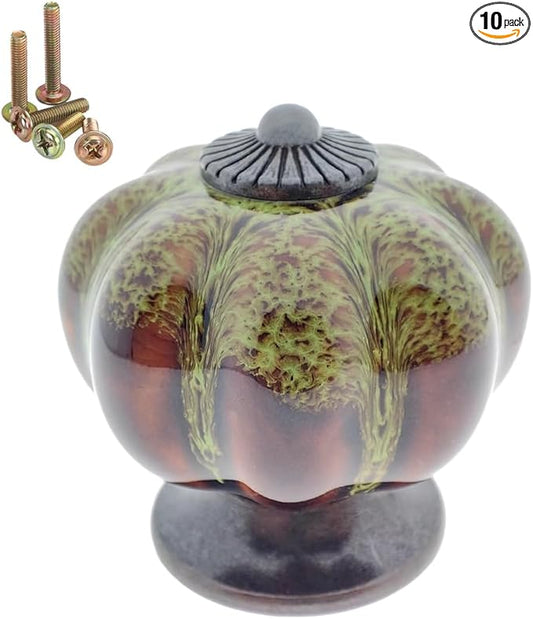 10 Pack Vintage Ceramic Pumpkin Cabinet Knobs, Kitchen Cabinet Drawers Dresser Cupboard Pull Handles Door Pulls with 5 Kinds of Screws (Leopard Print -Green)