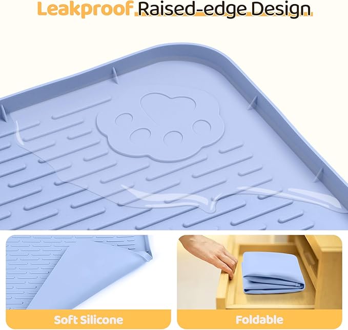 Dog Food Mat, Extra Large 40" x 28" Silicone Pet Feeding Mat with Raised Edge Pet Placemat for Small, Medium, and Large Pets Non-Slip, Easy to Clean (Blue)-Mewly Pet