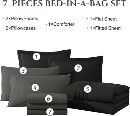 Monbix Queen Comforter Set - 7 Pieces Black Bed in a Bag Queen Bedding Sets with Comforters, All Seasons Down Alternative Comforter Bed Set with Sheets,Pillowcases & Shams