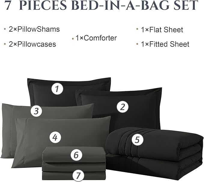 Monbix Full Comforter Set - 7 Pieces Black Bed in a Bag Full Size Bedding Sets with Comforters, All Seasons Down Alternative Comforter with Sheets,Pillowcases & Shams
