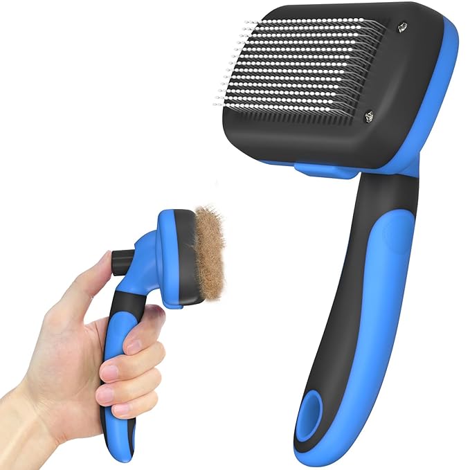 Self-Cleaning Brush for Pet Deshedding - Skin-Friendly Grooming Tool for Dogs and Cats, Blue-Mewly Pet