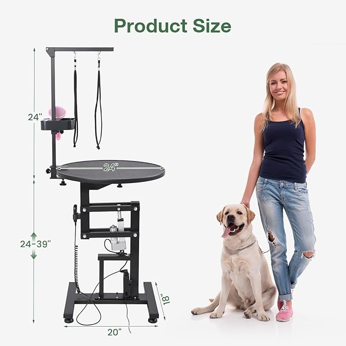 Electric Hydraulic Lift Pet Dog Grooming Table, 24Inch 360° Rotating Grooming Desktop for Small Dogs, with Overhead Arm, Wireless Remote, Tool Organizer, Black-Mewly Pet