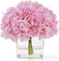 Silk Pink Hydrangea Artificial Flowers in Vase with Faux Water, Silk Flower Arrangements in Vase for Home Decor, Wedding Table (Pink)