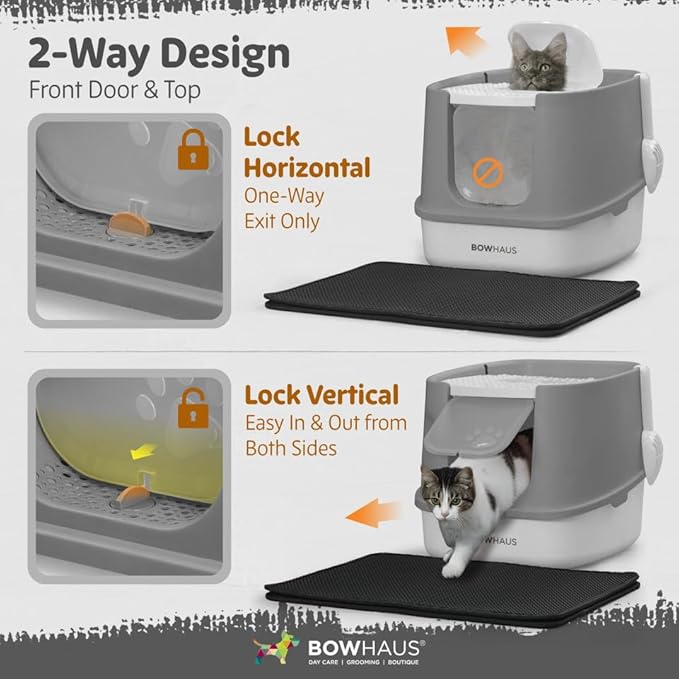 Fully Enclosed Cat Litter Box w/Lid, Scoop, Cat Mat & Odor Fitter, Large Plastic Cat Toilet with Double Door, Anti-Splashing Cat Litter Box with Lockable Front Door, Dark Grey-Mewly Pet