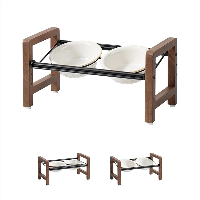 5.5inch Ceramic Adjustable Raised Double Bowls Set with Stand, 3 Heights Elevated, 2 Placement Options,Food and Water Dishes for Puppy, Cats（Double Bowls+Stand, Reactived Glaze -White-Mewly Pet