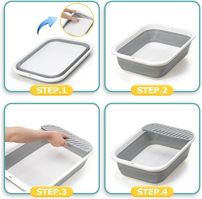 Foldable Cat Litter Box, Large Height-Adjustable Anti-Splash Open Air Kitty Litter Pan, Easy Clean with Scoop (Gray)-Mewly Pet