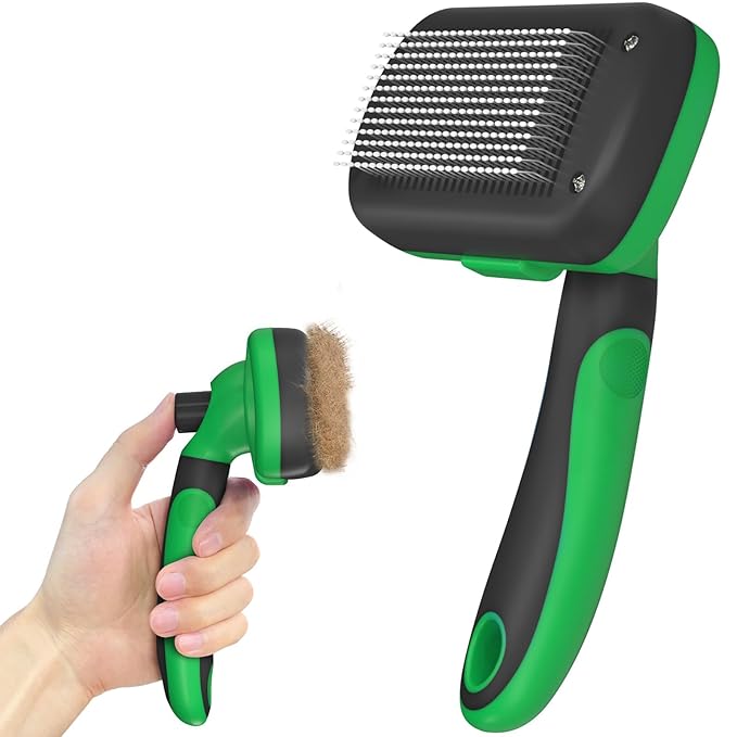 Self Cleaning Deshedding Brush for Dogs & Cats - Skin Friendly Grooming Tool with Hair Removal for Haired Pets, Green-Mewly Pet