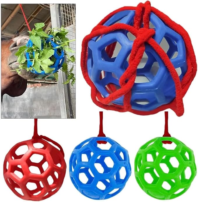 3PCS Hay Feeder Ball Toy for Horses, Goats & Livestock – Rainbow Colors with Hanging Red Cord, Stress Relief & Boredom Prevention (Green, Blue, Red)-Mewly Pet