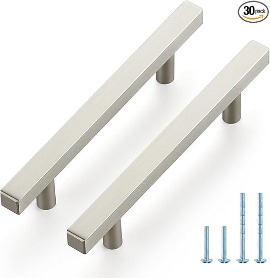JOY DECOR 30 Pack 4 Inch Brushed Nickel Square Cabinet Handles Stainless Steel Cabinet Hardware Pulls for Kitchen and Drawers with 6-2/5 Inch Overall Length