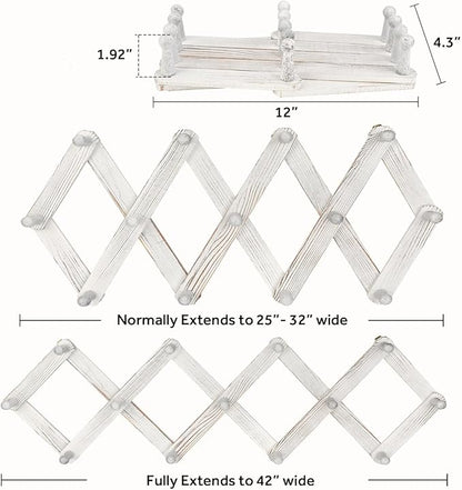 Homode Accordian Wall Hanger, Expandable Coat Rack Wall Mounted, Accordion Style Wood Hat Rack with 13 Peg Hooks for Hanging Coats, Hats, Mugs, Bags, Purses, Necklaces, Rustic White