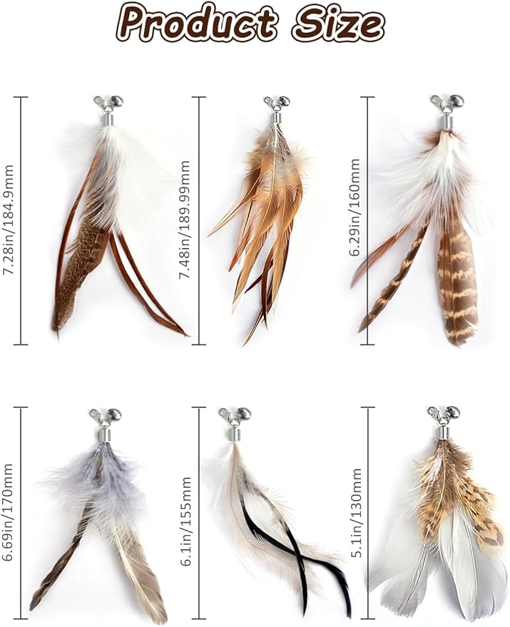 Cat Feather Toys Refills Cat Wand Replacement Feathers 6 PCS Handmade Cat Toy Feather Refills for Cat Wand Attachments Interactive Feather Cat Toy for Indoor Cats-Mewly Pet