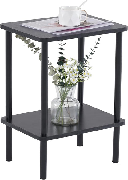 Apicizon 2 Tier End Table, Small Side Table with Solid Wood Legs, Boho Bedside Table with Storage Shelf, Nightstand for Small Spaces, Bedroom, Living Room, Entryway, Farmhouse, Easy Assembly, Black