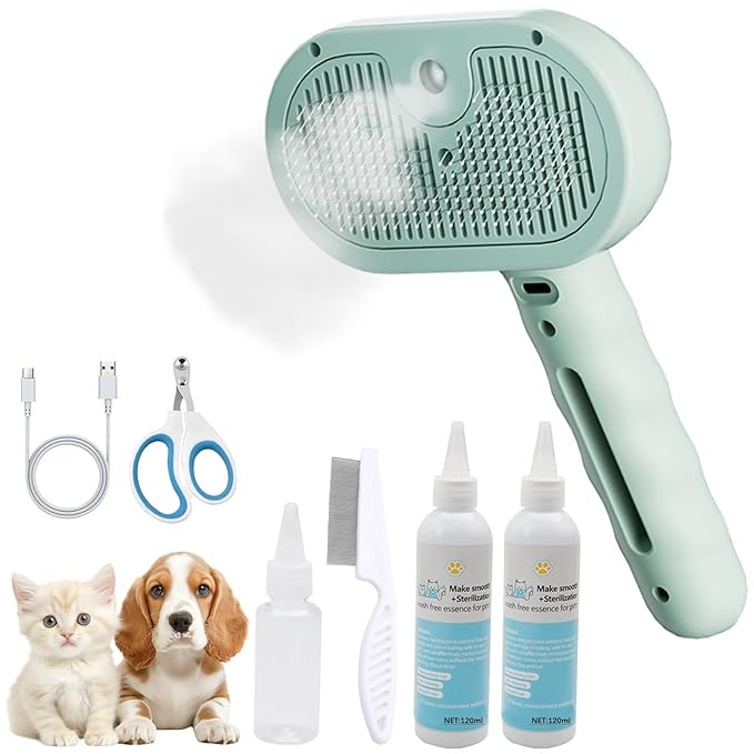 Pet Steam Brush for Cat & Dog – 4-in-1 De-Shedding, Steam Spray, and Self-Cleaning Grooming Tool – Ideal for Long and Short-Haired Pets– Includes 2 Bottles of 120 mL Waterless Shampoo(Green)-Mewly Pet