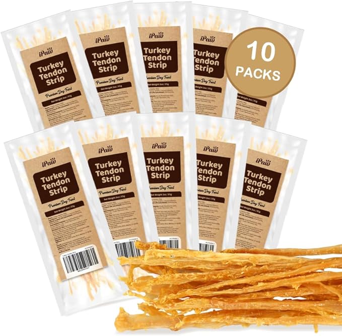iPaw Turkey Tendons for Dogs, 100% Turkey and US Sourced Raw Material, Hypoallergenic, All Natural Human Grade Puppy Chew, Rawhide Alternative Dog Treats, 10 Unit/Packs Strip-Mewly Pet