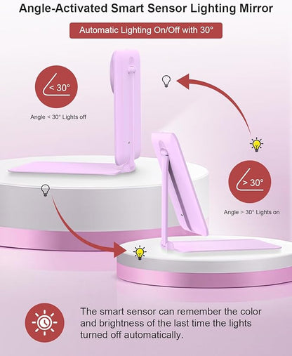 Gospire Travel Makeup Mirror with Lights and Magnification 10X, Portable Make Up Compact Tabletop Cosmetic with Adjustable Stand, 3 Colored Light Rechargeable LED Vanity Mirror - Purple