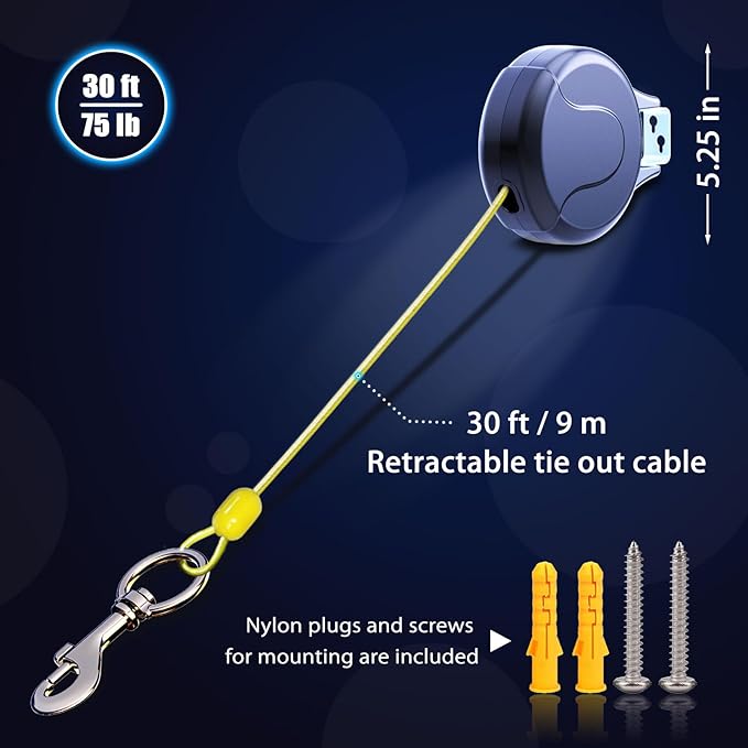 30ft Wall Mount Retractable Dog Tie Out Cable for Small to Large Dogs Between 20-75 lbs, Patented Retractable Dog Lead Great for Yard/Garden - Durable for 70,000 Cycles (Black, 30ft)-Mewly Pet
