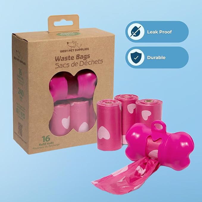 Best Pet Supplies Dog Poop Bags (240 Bags) for Waste Refuse Cleanup, Doggy Roll Replacements for Outdoor Puppy Walking and Travel, Leak Proof and Tear Resistant, Thick Plastic - Pink Heart-Mewly Pet