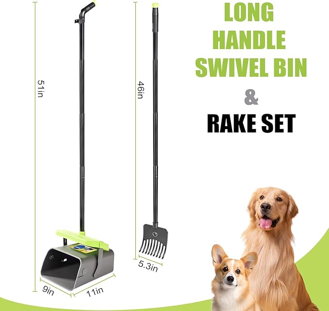 Pooper Scooper Swivel Bin & Rake Kit with 35 Bags – 46" Long Handle Heavy Duty Dog Poop Scooper with Bag Attachment, Yard Pet Waste Cleanup Tool for Large Medium Small Dogs-Mewly Pet