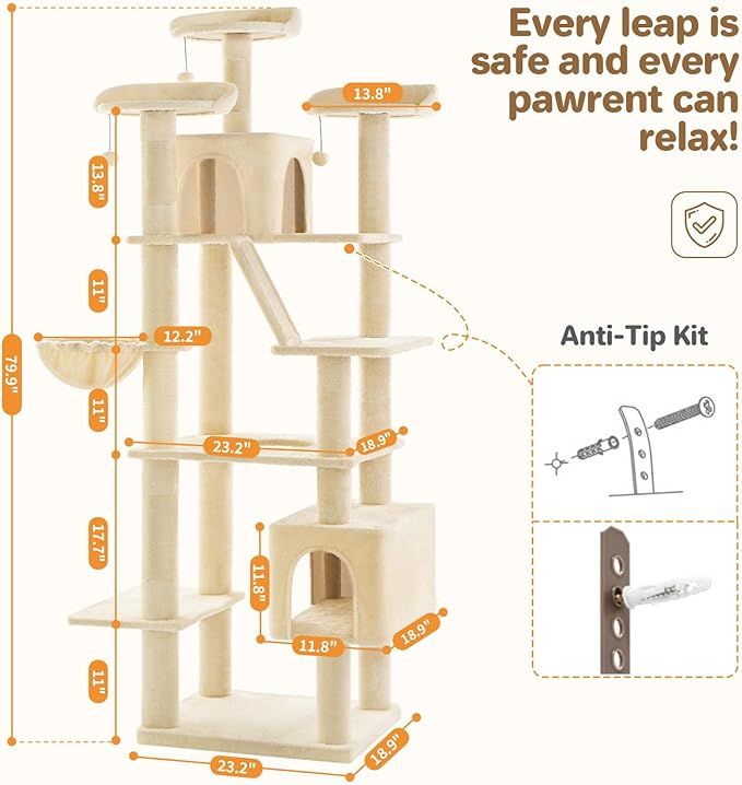 Made4Pets Tall Cat Tree, 80" Cat Tree Tower for Indoor Cats Large Adult, Modern Cat Tower with Scratching Post, Cozy Hammock, 3 Perches and 2 Condos, Sturdy and Fluffy, Beige-Mewly Pet