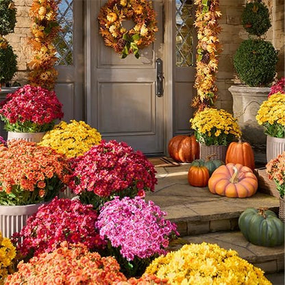 Artificial Mums for Outdoors, Faux Sunset Mum Flowers Planters for Indoor Outside Decor, Fake Look Real, Vibrant, UV Resistant, Waterproof, Windproof (Pink, 10 Bundle)