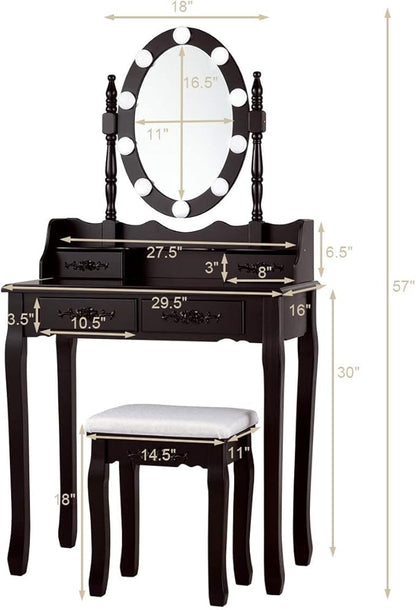 Giantex Makeup Vanity Table with 10 LED Lights, Adjustable Brightness, 3 Color Light Modes, 4 Drawers, Rotatable Mirror, Cushioned Stool, Vanity Desk Dressing Table Bedroom Furniture (Espresso)