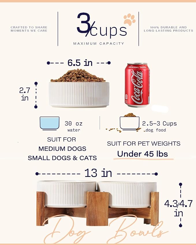 Getstar Ceramic Dog Bowls with Acacia Wood Stand, 30 fl oz, Set of 2, Dog Food Bowl, Cat Bowls (6.5 inches) (Vintage White)-Mewly Pet
