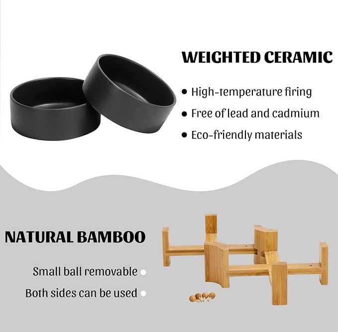 SPUNKYJUNKY 15° Slanted Ceramic Dog and Cat Bowl with Wooden Stand, Tilted Bulldog Food and Water Bowl No Slip Non-Spill for Cats Medium Dogs Big Face Pets 28.7 OZ (3.6 Cups, Black × 2)-Mewly Pet