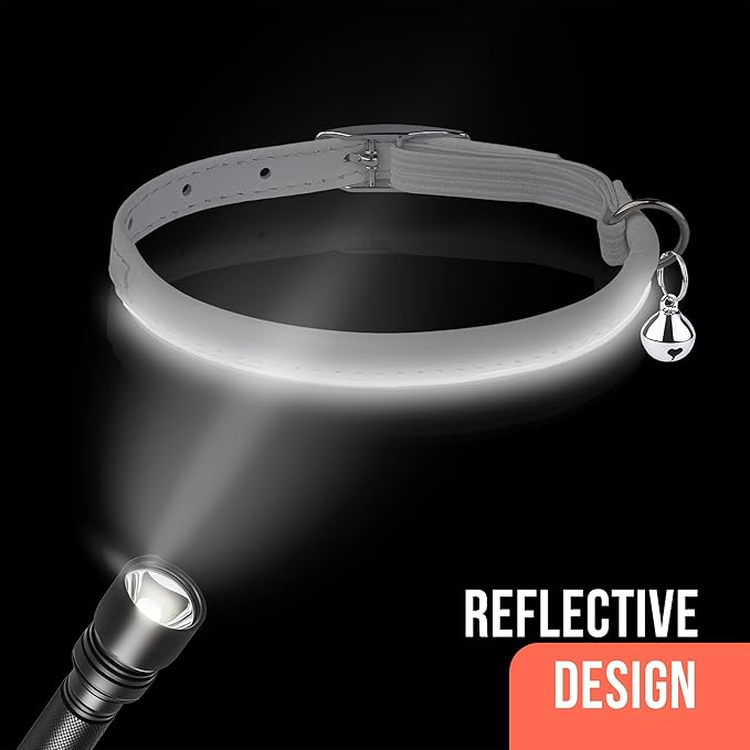 OOPSDOGGY Rolled Leather Cat Collar with Bell, Reflective Kitten Collars with Buckle Include Safety Elastic Strap - Adjustable Small Pet Collars for Boy Girl Cats (White)-Mewly Pet